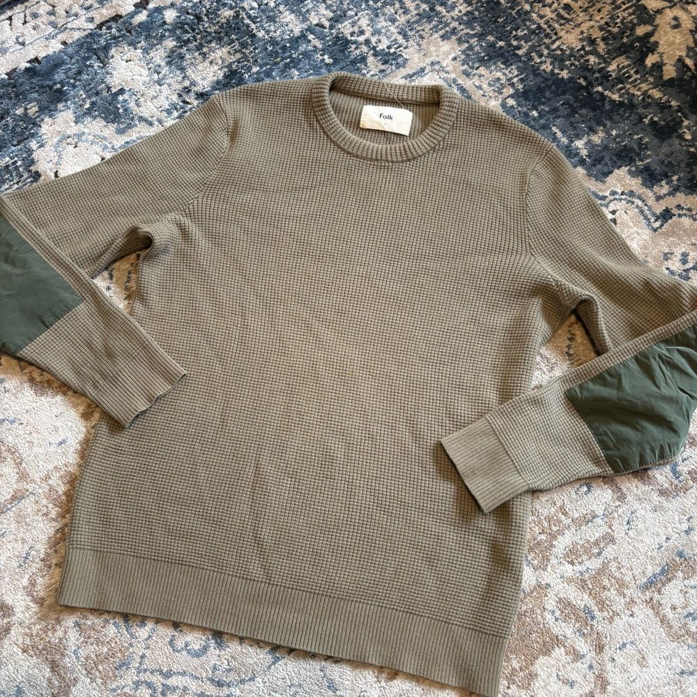 Folk men’s thermal waffle Knot elbow patch top pullover crew elbow patch small